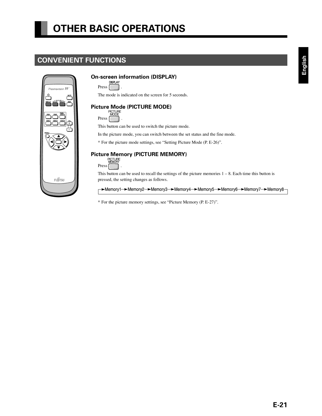 Fujitsu P42HHA10W Other Basic Operations, Convenient Functions, On-screen information Display, Picture Mode Picture Mode 