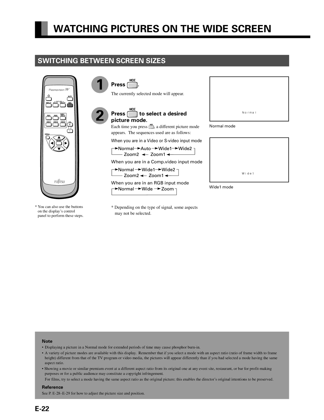Fujitsu P42VHA10W, P42HHA10A, P42HHA10W Watching Pictures on the Wide Screen, Switching Between Screen Sizes, Press 