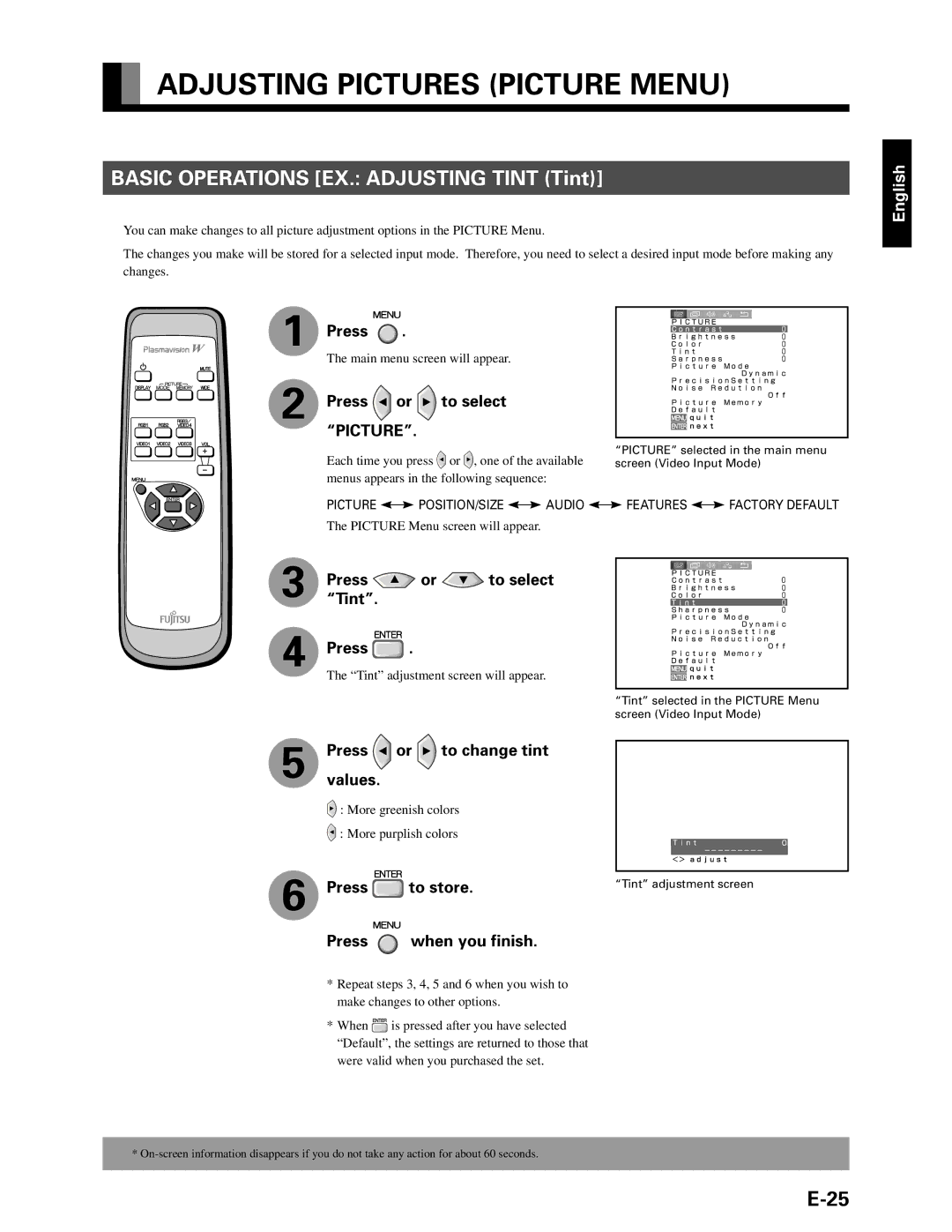 Fujitsu P42VHA10A, P42HHA10A Adjusting Pictures Picture Menu, Press or to select Picture, PressTint. or to select 