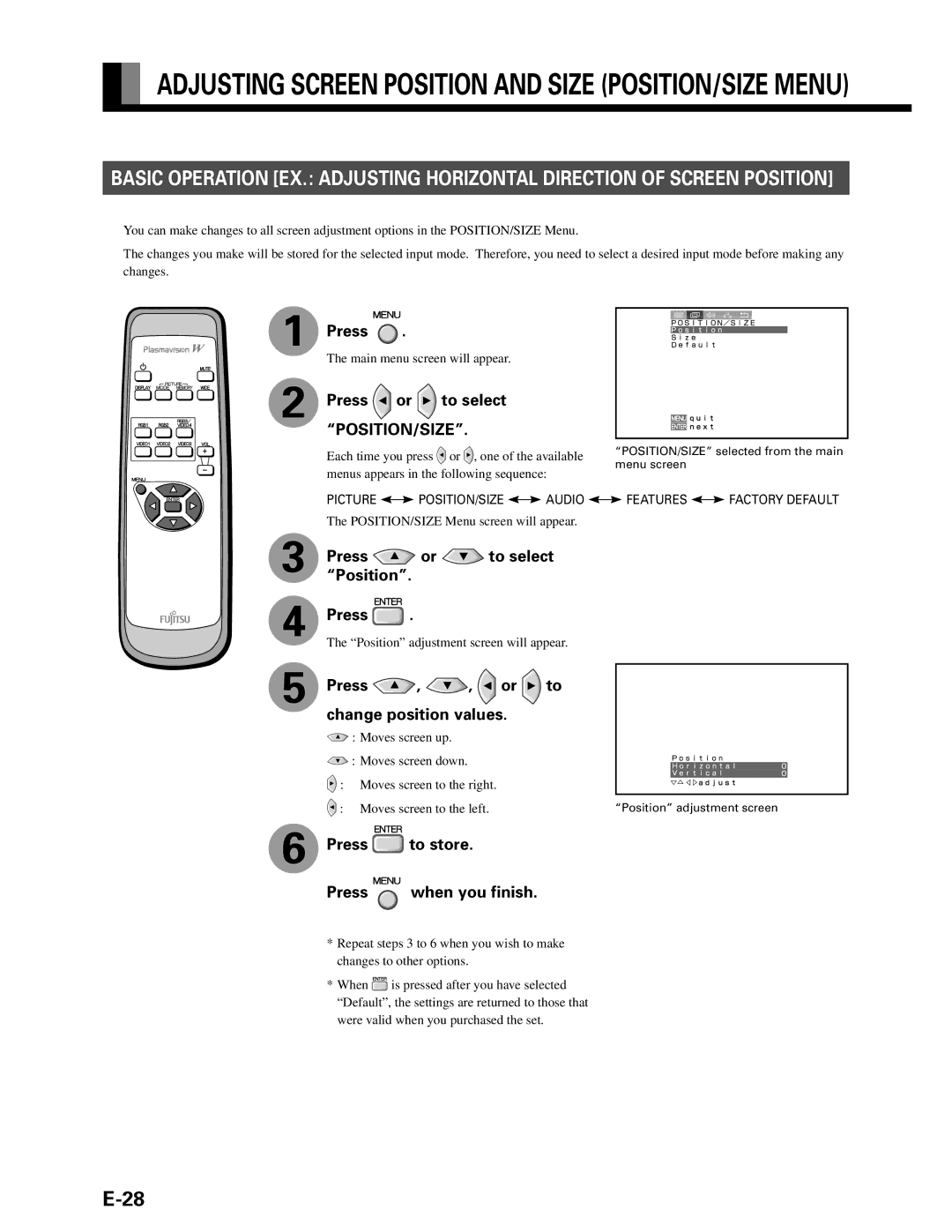 Fujitsu P50XHA10U, P42HHA10A, P42HHA10W, P42VHA10W Press or to select Position, Press , , or to change position values 