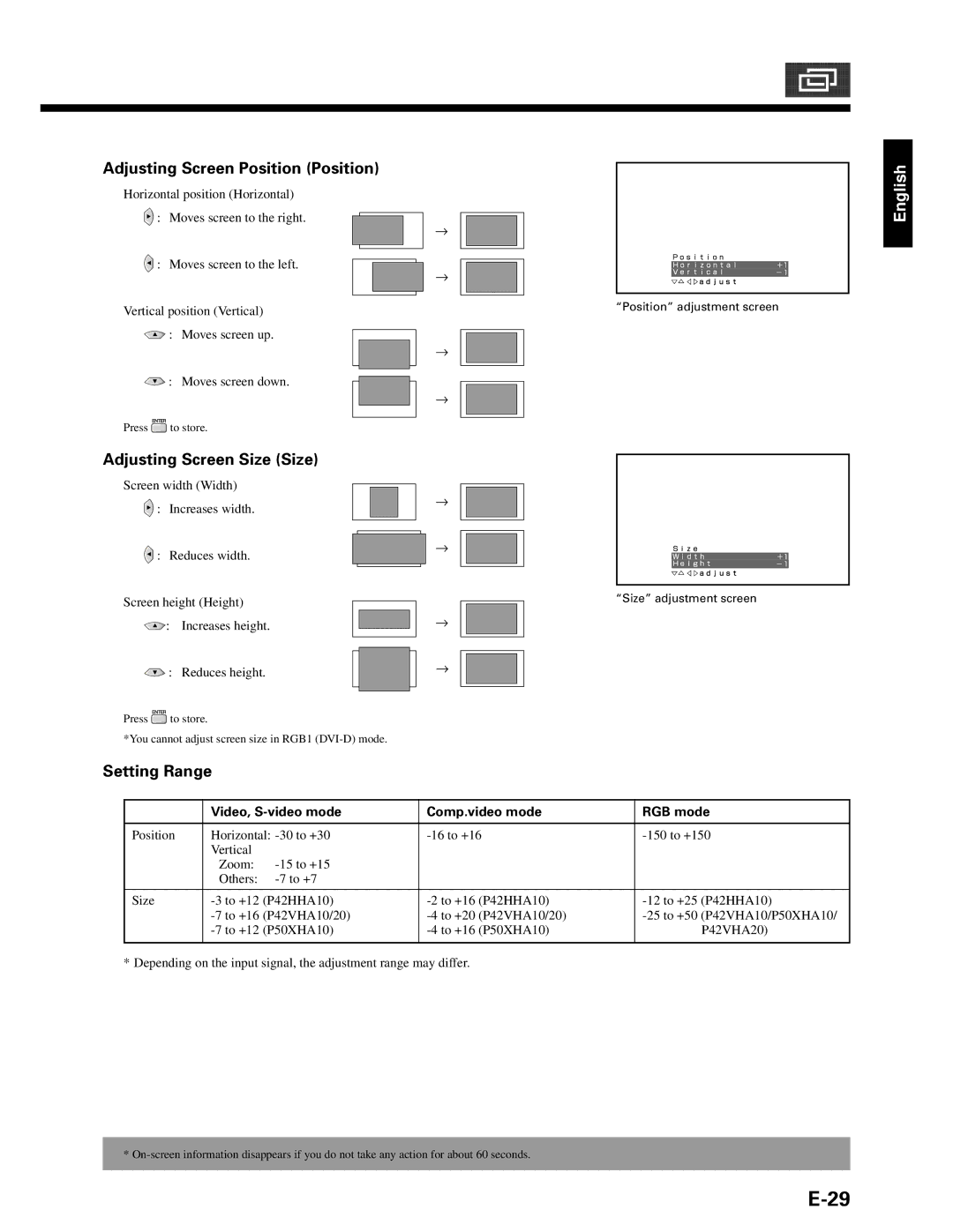 Fujitsu P50XHA10A, P42HHA10A, P42HHA10W Adjusting Screen Position Position, Adjusting Screen Size Size, Setting Range 