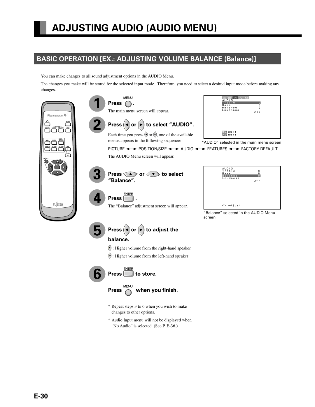 Fujitsu P42HHA10A, P42HHA10W, P42VHA10W Adjusting Audio Audio Menu, Press or to select Audio, Press or to select Balance 