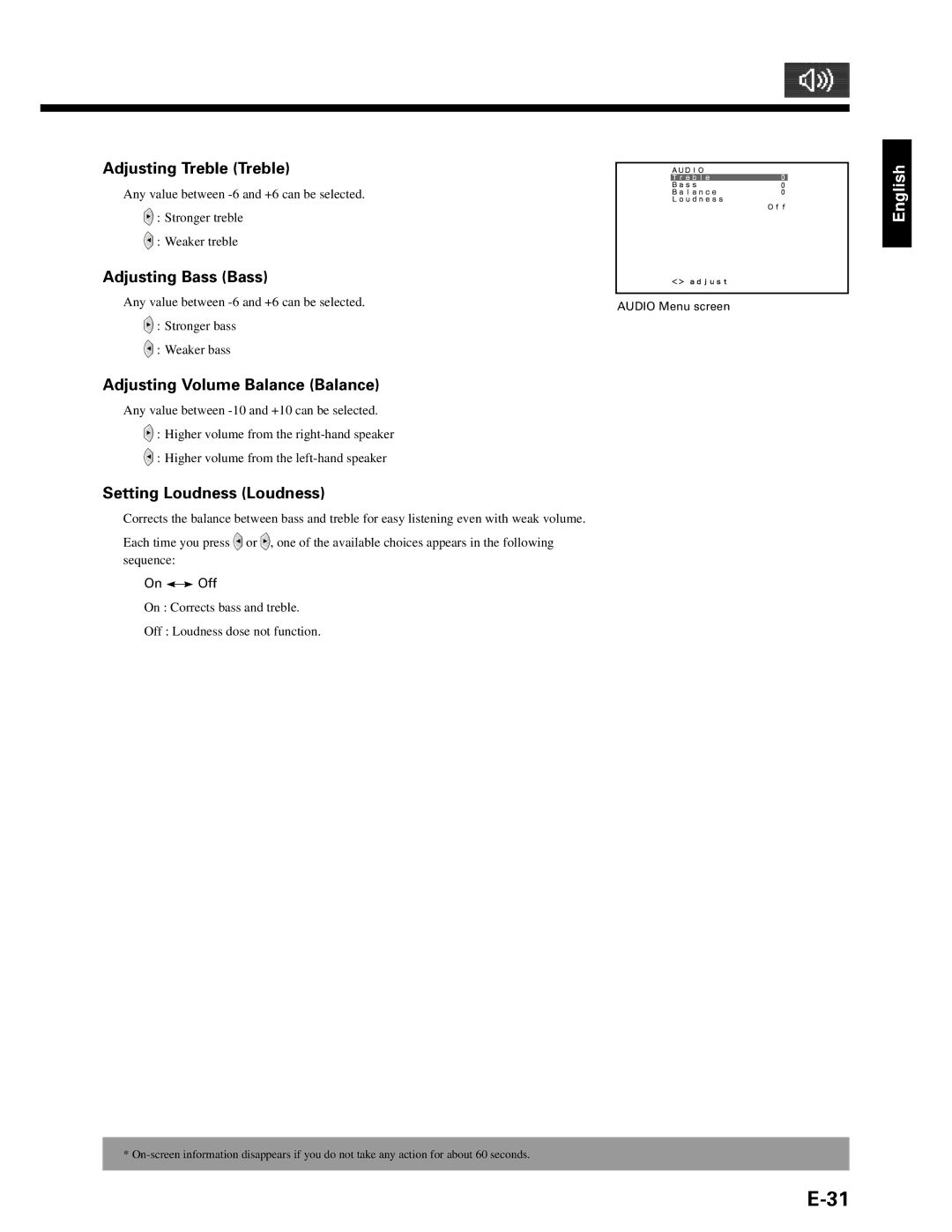 Fujitsu P42HHA10W, P42HHA10A, P42VHA10W Adjusting Treble Treble, Adjusting Bass Bass, Adjusting Volume Balance Balance 