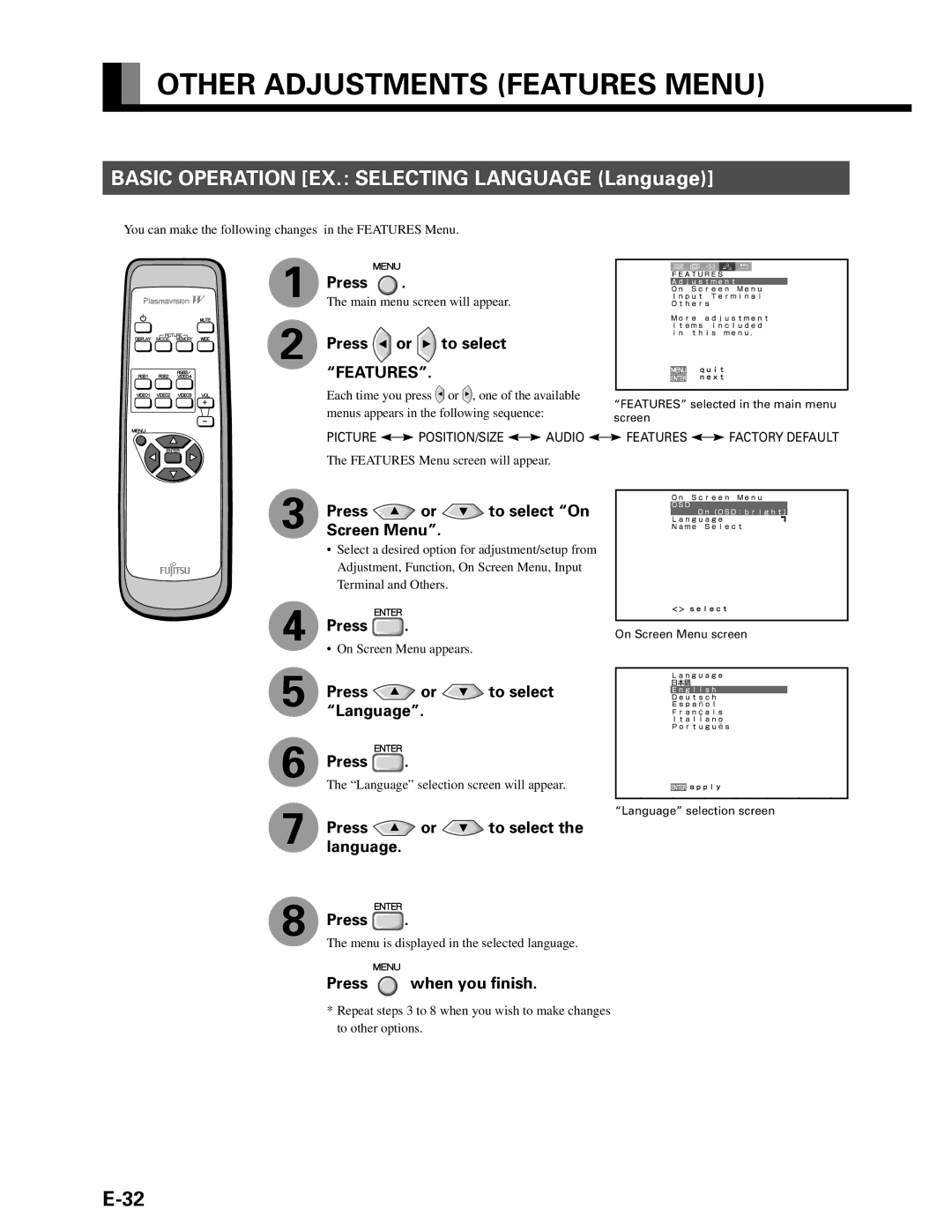 Fujitsu P42VHA10W Other Adjustments Features Menu, Press or to select Features, Press or to select On Screen Menu 