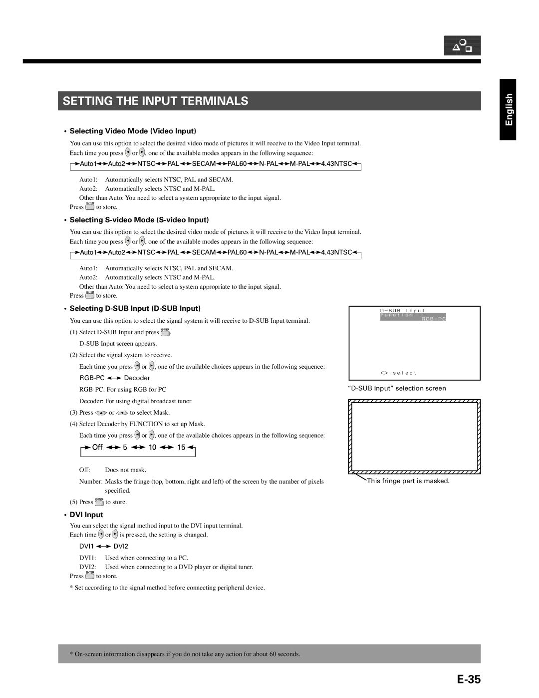 Fujitsu P42VHA10A Setting the Input Terminals, Selecting Video Mode Video Input, Selecting S-video Mode S-video Input 