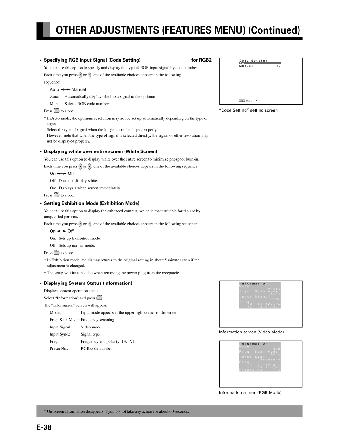 Fujitsu P50XHA10U Specifying RGB Input Signal Code Setting For RGB2, Displaying white over entire screen White Screen 