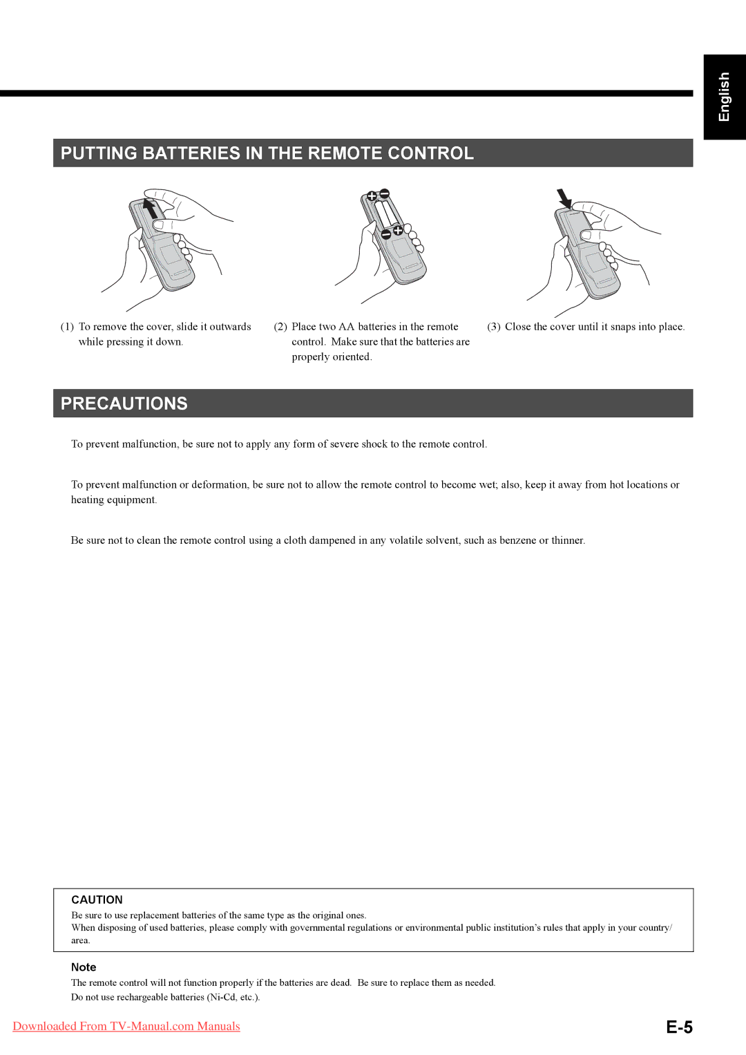 Fujitsu P42HHA40U, P42HHA40A, P42HHA40W, P63XHA40R, P63XHA40W, P63XHA40U Putting Batteries in the Remote Control, Precautions 