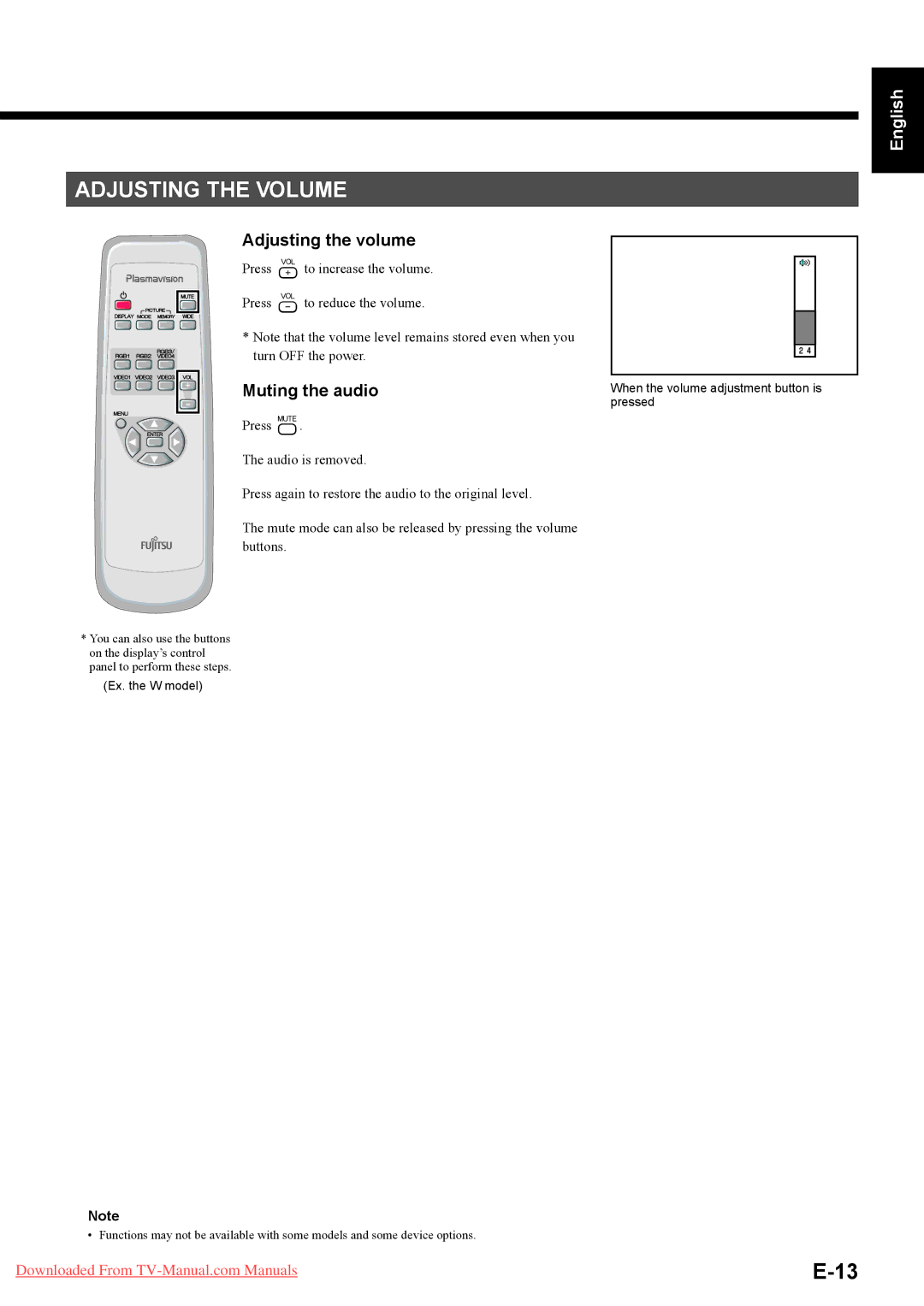 Fujitsu P42VHA40A, P42HHA40A, P42HHA40W, P42HHA40U, P63XHA40R Adjusting the Volume, Adjusting the volume, Muting the audio 