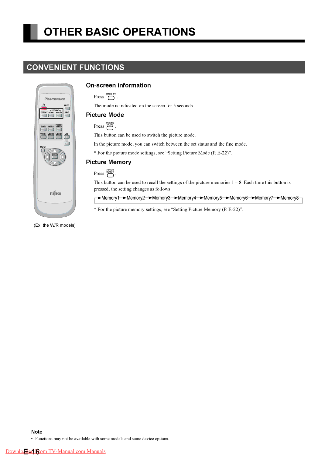 Fujitsu P42VHA40W Other Basic Operations, Convenient Functions, On-screen information, Picture Mode, Picture Memory 