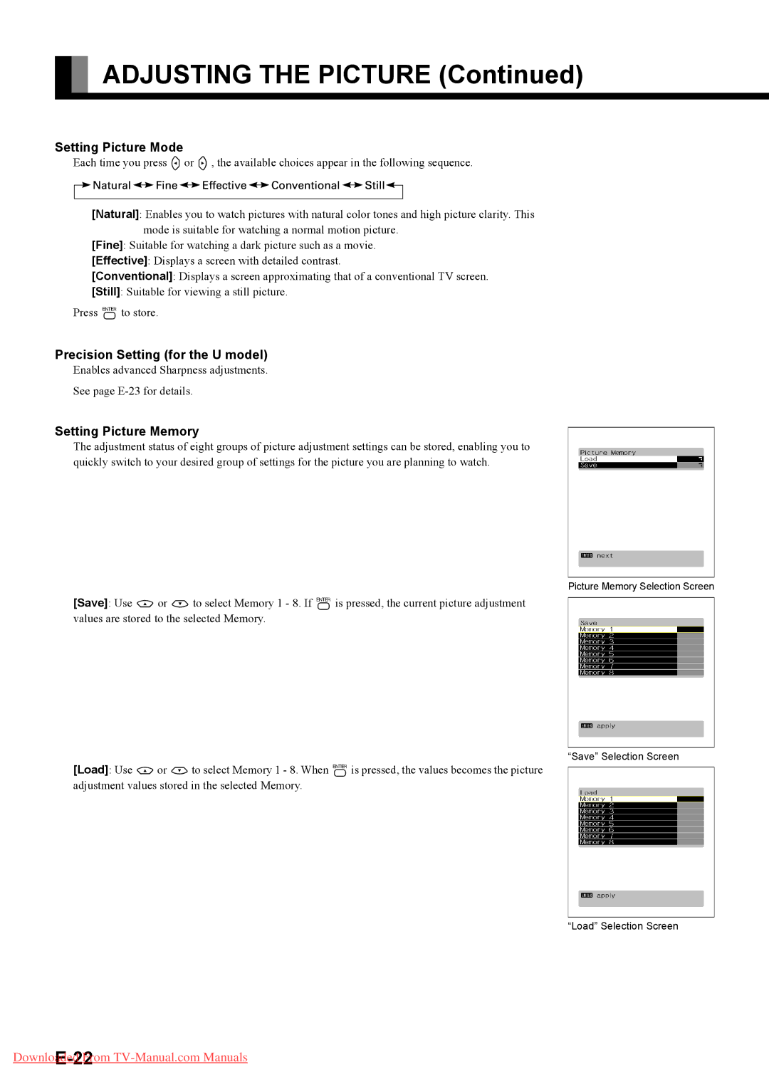 Fujitsu P42HHA40U, P42HHA40A, P42HHA40W Setting Picture Mode, Precision Setting for the U model, Setting Picture Memory 