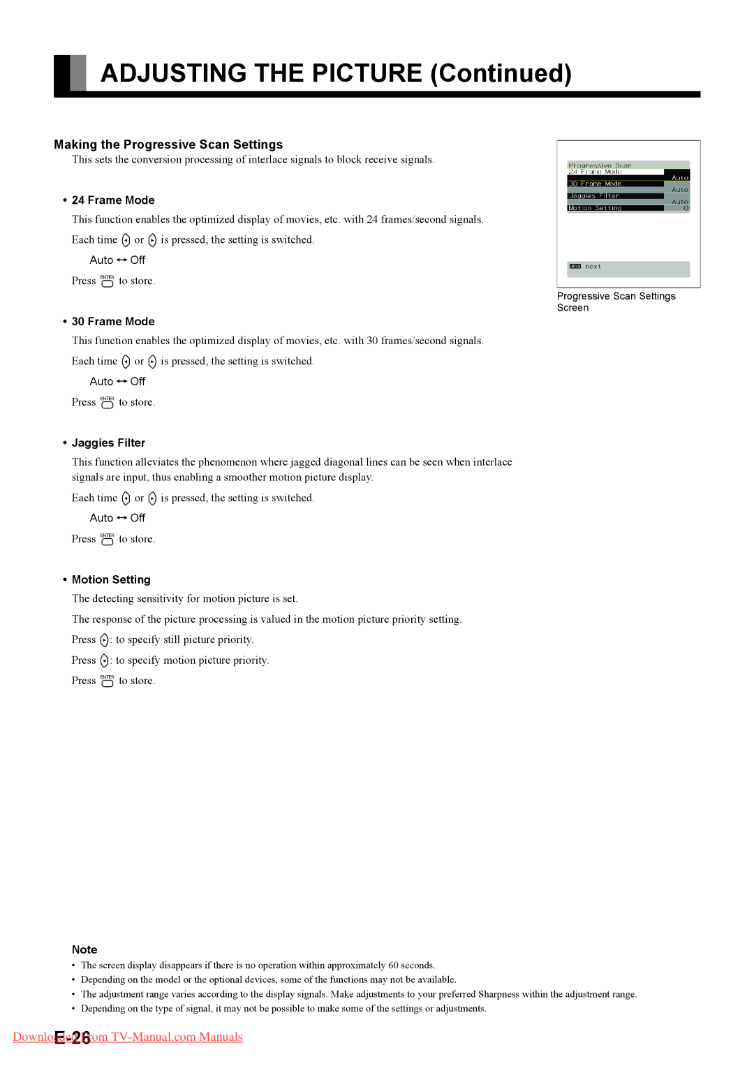 Fujitsu P63XHA40A, P42HHA40A, P42HHA40W Making the Progressive Scan Settings, Frame Mode, Jaggies Filter, Motion Setting 