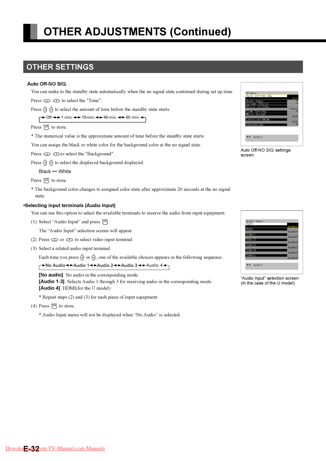 Fujitsu P55XHA40U, P42HHA40A, P42HHA40W, P42HHA40U Other Settings, Auto Off-NO SIG, Selecting input terminals Audio Input 