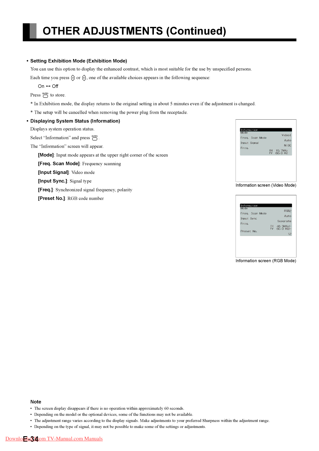 Fujitsu P50XHA40W, P42HHA40A, P42HHA40W Setting Exhibition Mode Exhibition Mode, Displaying System Status Information 