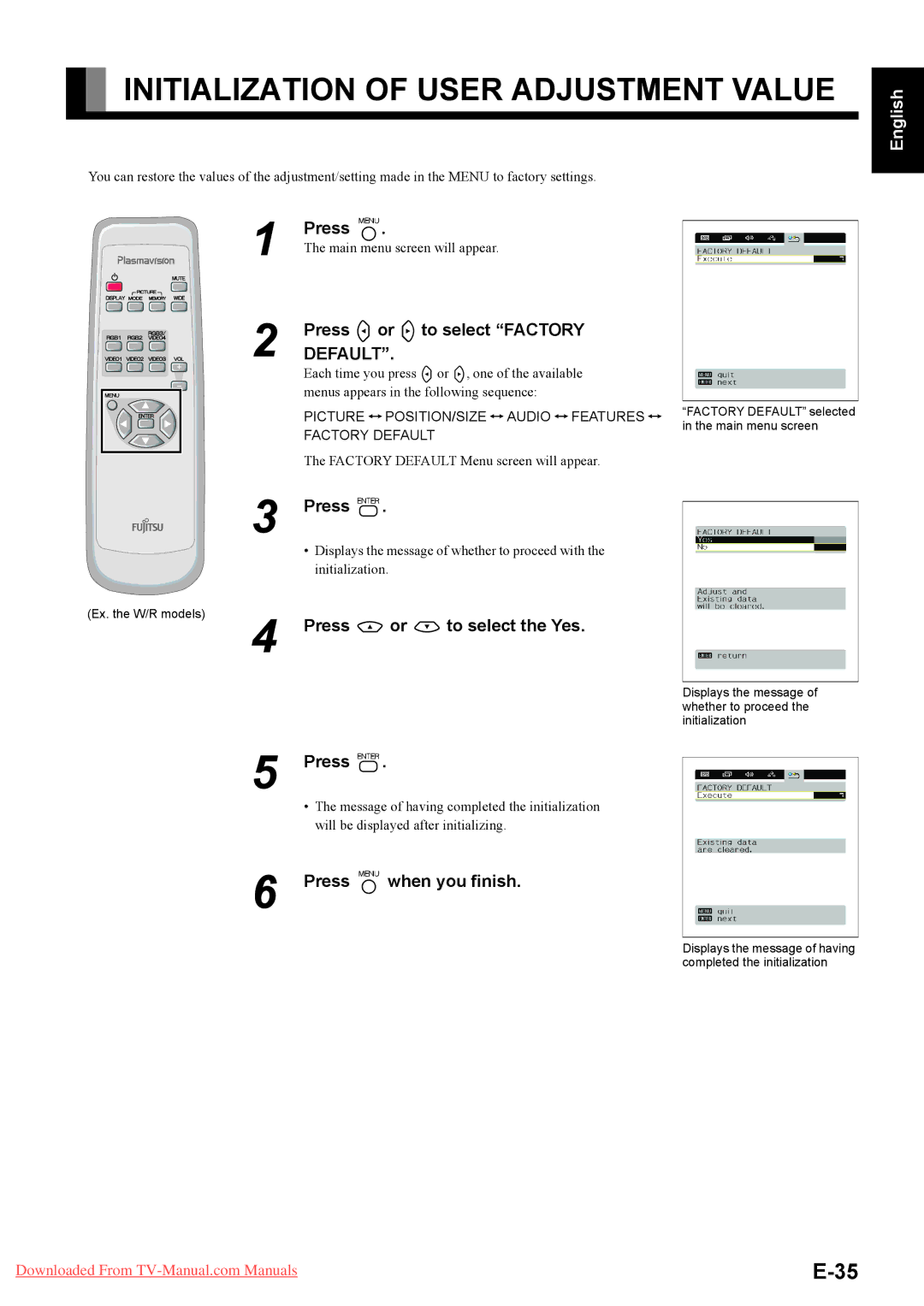 Fujitsu P50XHA40A Initialization of User Adjustment Value, Press Eor Fto select Factory, Press Cor Dto select the Yes 