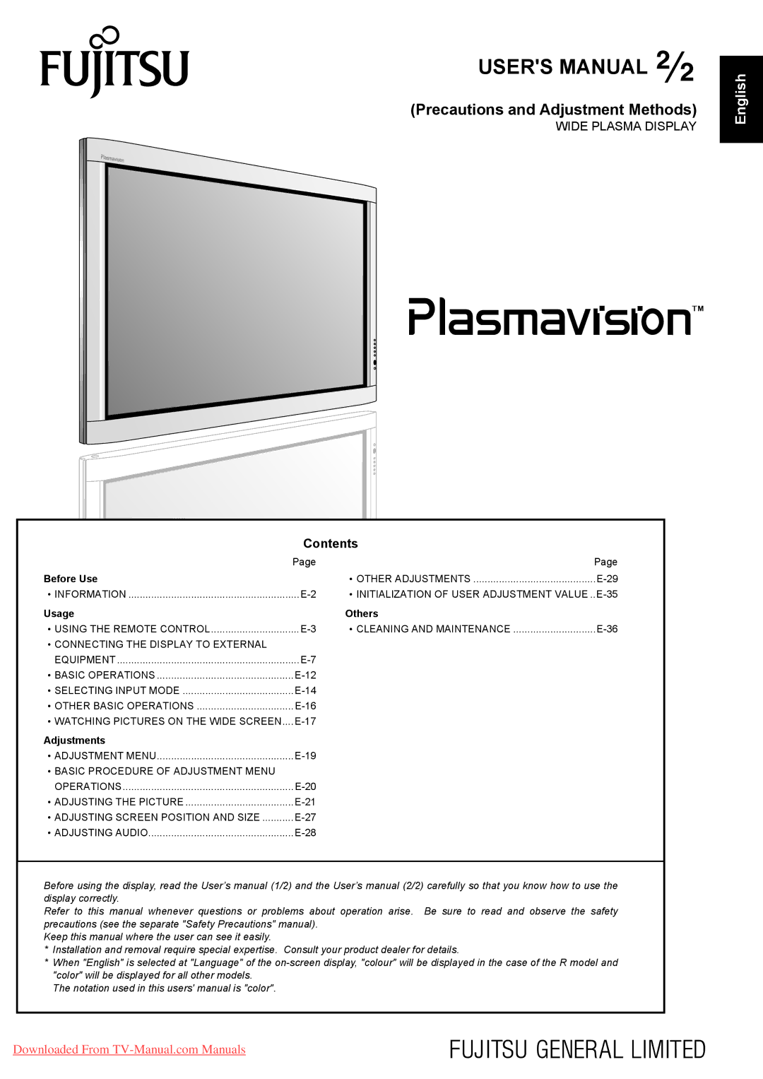 Fujitsu P50XHA40U/P55XHA40U, P42HHA40A, P42HHA40W, P42HHA40U, P63XHA40R, P63XHA40W Precautions and Adjustment Methods 