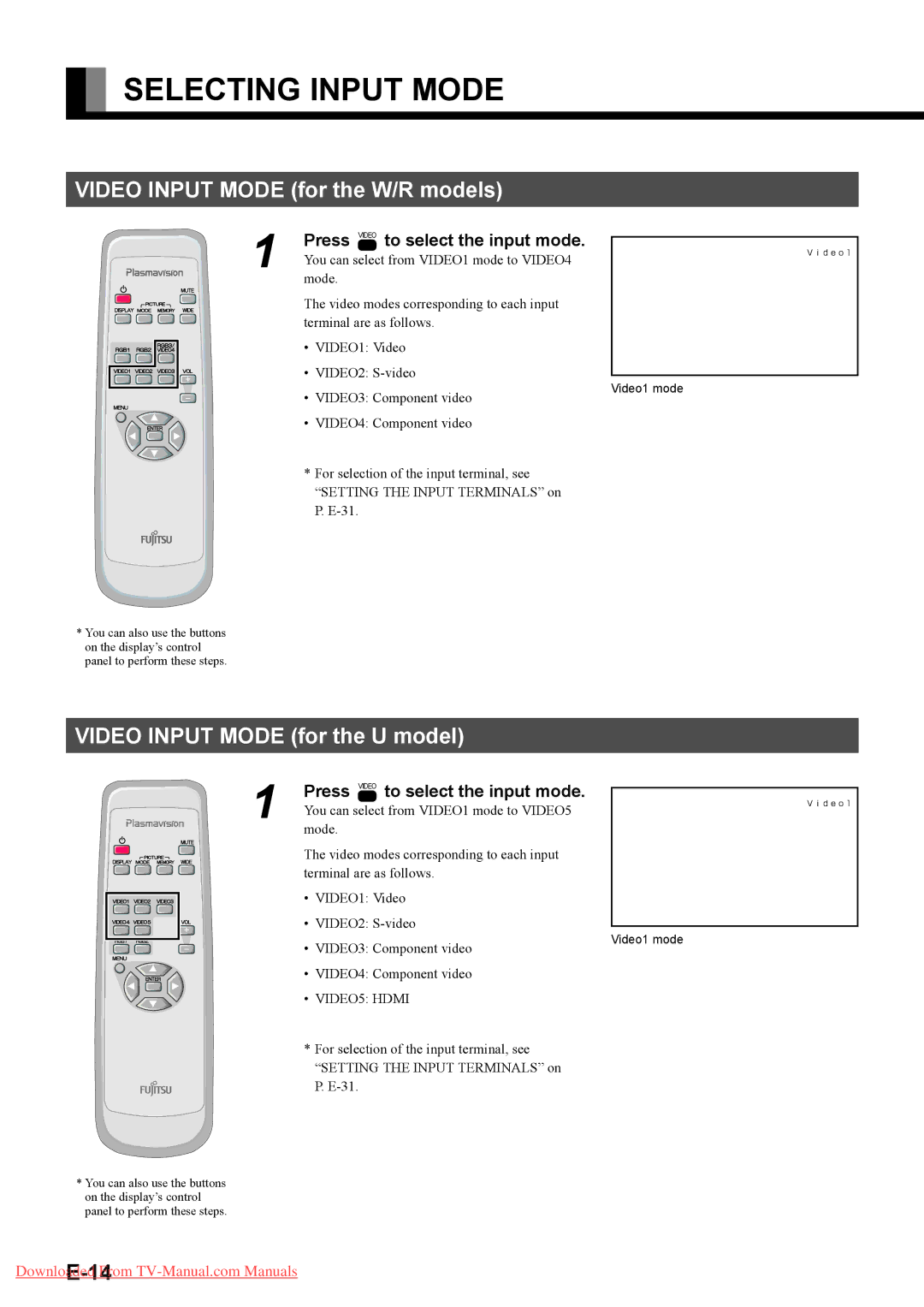 Fujitsu P42VHA40W, P42HHA40A, P42HHA40W, P42HHA40U, P63XHA40R, P63XHA40W Selecting Input Mode, Press to select the input mode 