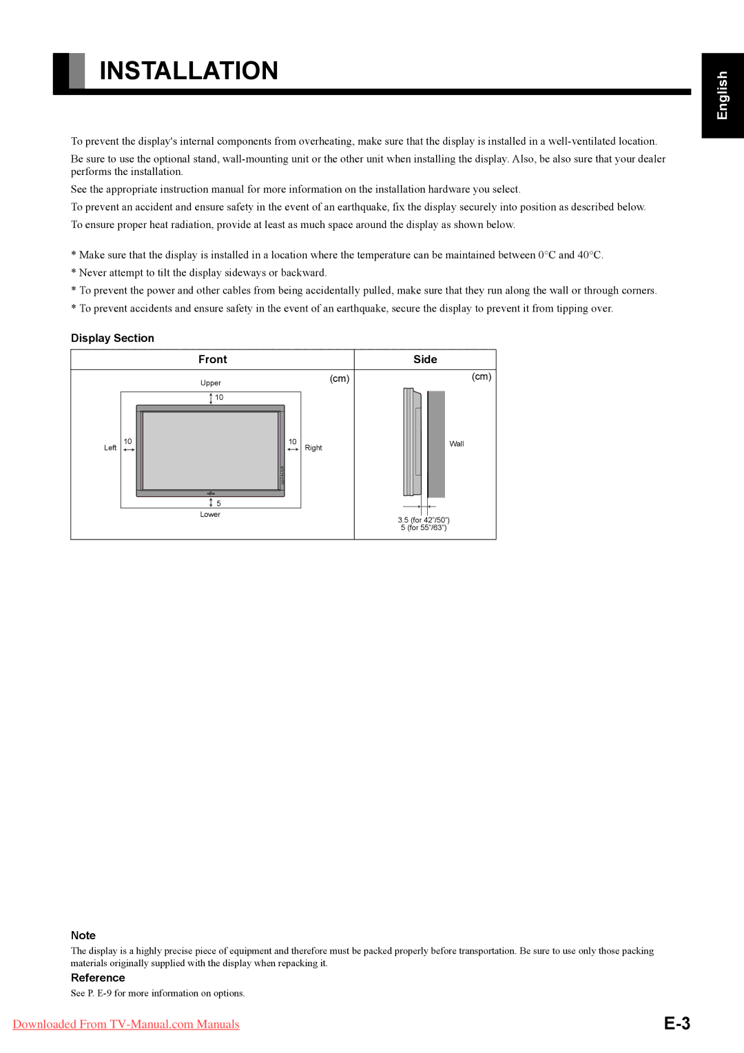 Fujitsu P63XHA40R, P42HHA40A, P42HHA40W, P42HHA40U, P63XHA40W, P63XHA40U Installation, Display Section Front Side, Reference 