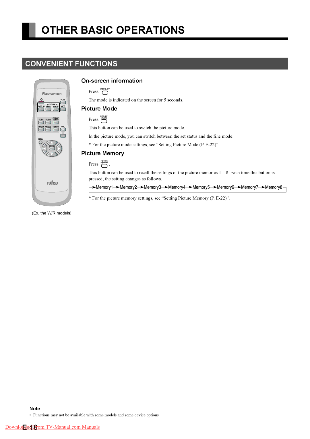 Fujitsu P50XHA40A Other Basic Operations, Convenient Functions, On-screen information, Picture Mode, Picture Memory 