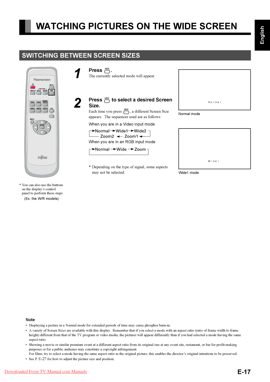 Fujitsu P50XHA40U/P55XHA40U, P42HHA40A Watching Pictures on the Wide Screen, Switching Between Screen Sizes, Press  