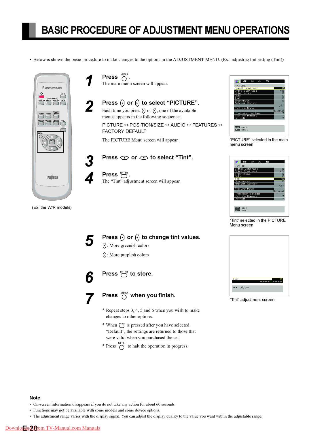 Fujitsu P42HHA40U, P42HHA40A Press Eor Fto select Picture, Press Cor Dto select Tint, Press Eor Fto change tint values 