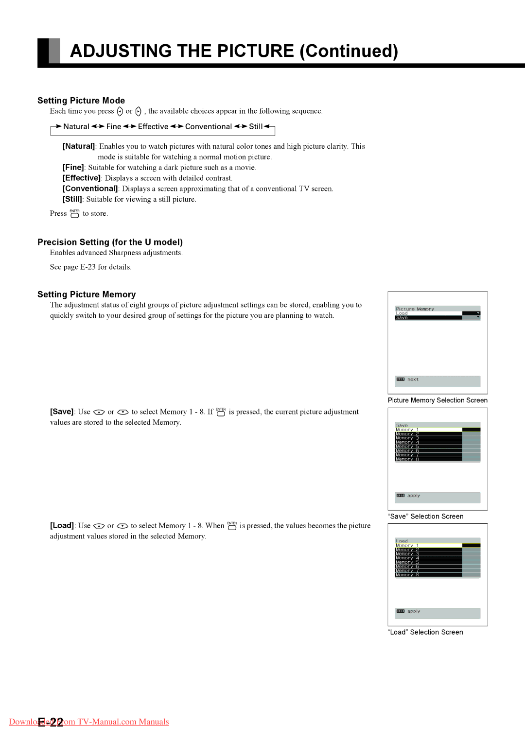 Fujitsu P63XHA40W, P42HHA40A, P42HHA40W Setting Picture Mode, Precision Setting for the U model, Setting Picture Memory 