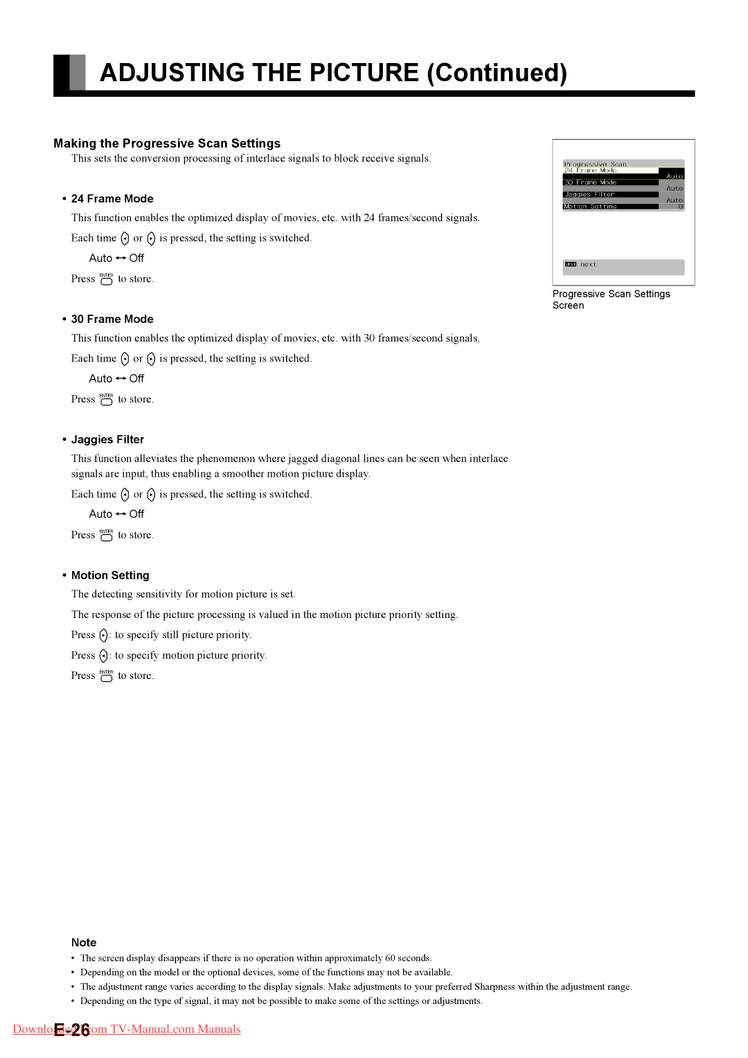 Fujitsu P55XHA40W, P42HHA40A, P42HHA40W Making the Progressive Scan Settings, Frame Mode, Jaggies Filter, Motion Setting 