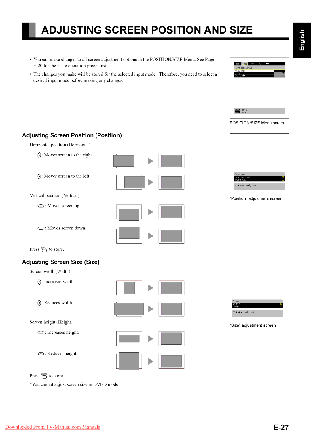 Fujitsu P55XHA40A Adjusting Screen Position and Size, Adjusting Screen Position Position, Adjusting Screen Size Size 