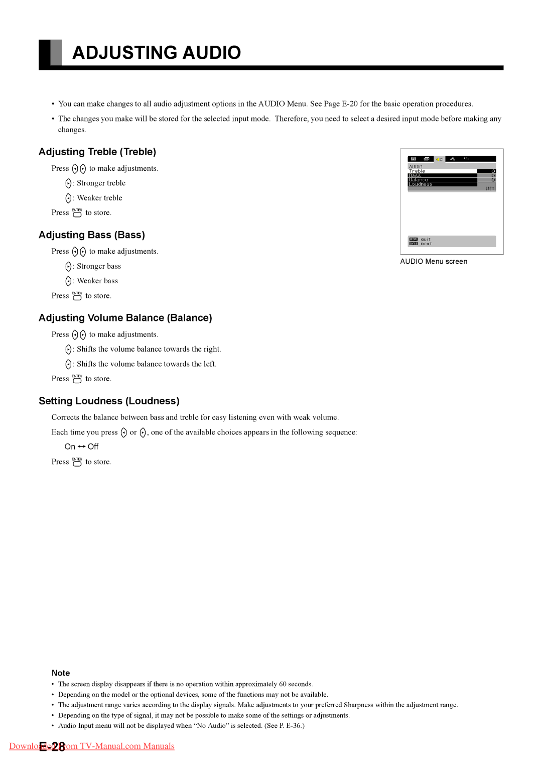 Fujitsu P42VHA40A Adjusting Audio, Adjusting Treble Treble, Adjusting Bass Bass, Adjusting Volume Balance Balance 