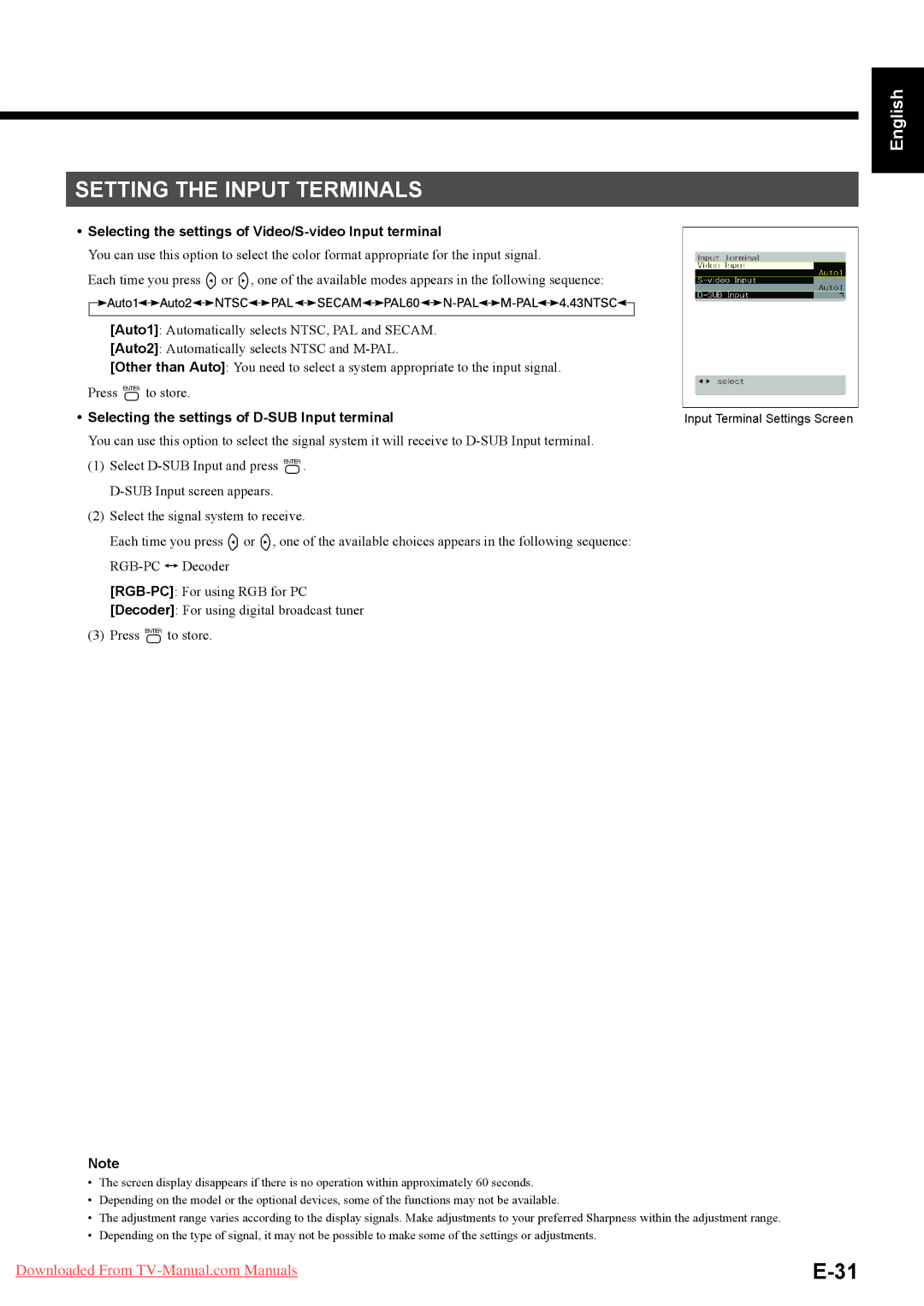 Fujitsu P50XHA40W, P42HHA40A, P42HHA40W Setting the Input Terminals, Selecting the settings of Video/S-video Input terminal 