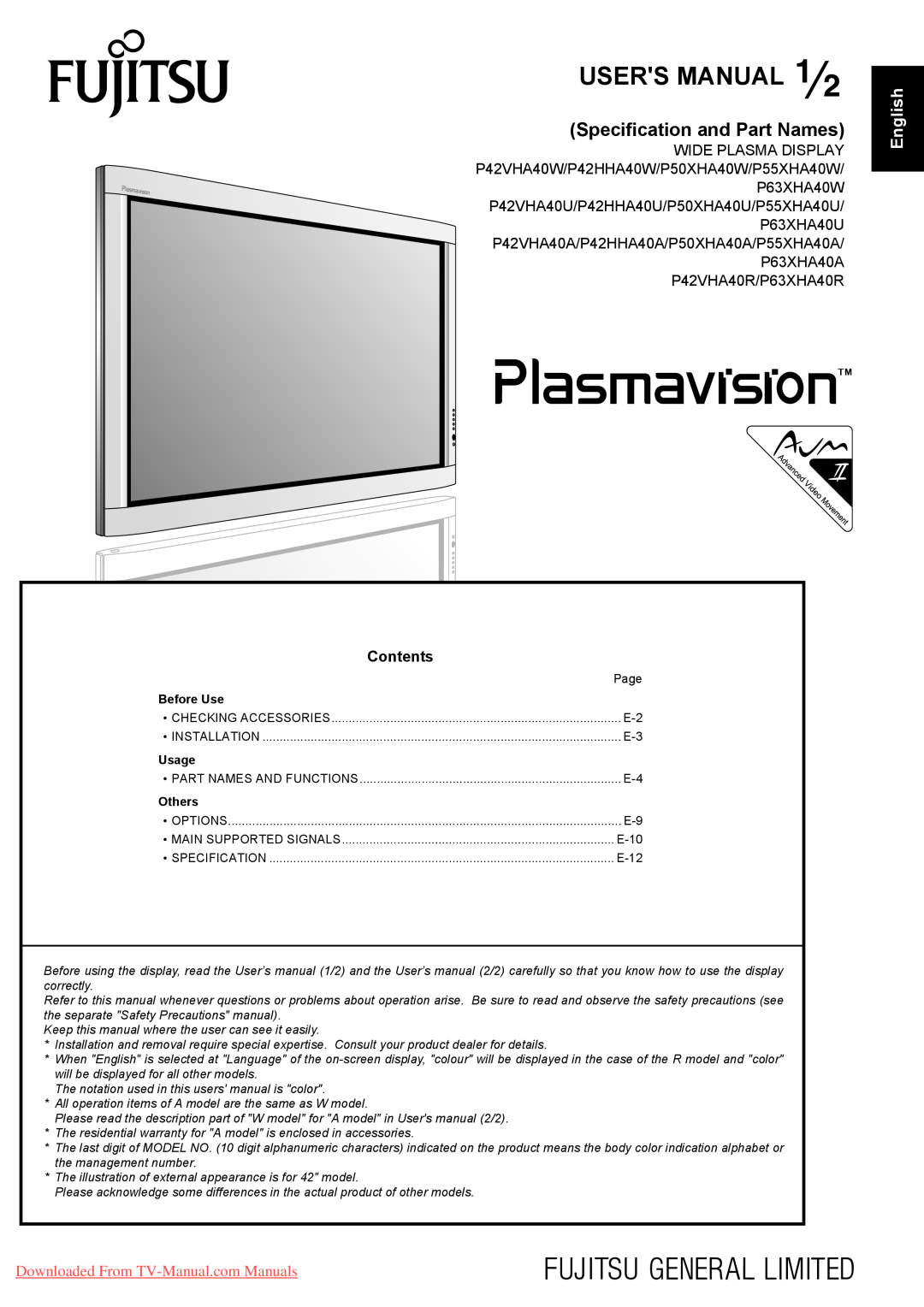 Fujitsu P42HHA40W user manual Users Manual, Specification and Part Names, ÷-Œƒ, 日 本 語, Contents, Before Use, Usage, Others 