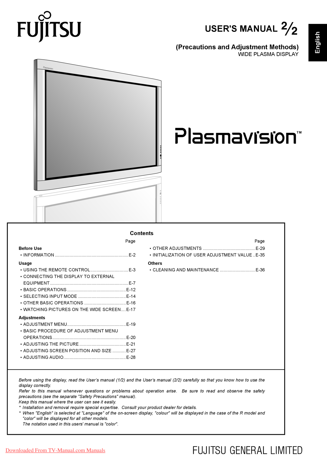 Fujitsu P50XHA40U/P55XHA40U Precautions and Adjustment Methods, Wide Plasma Display, Users Manual, 日 本 語, Contents, Usage 