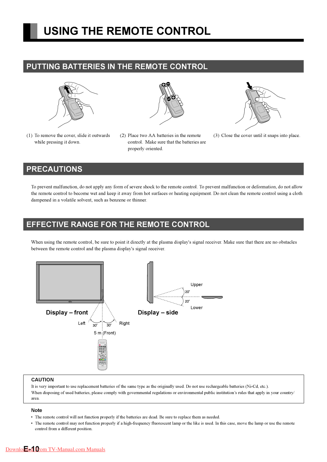 Fujitsu P42HTA51E SERIES, P50XTA51E SERIES Using the Remote Control, Putting Batteries in the Remote Control, Precautions 