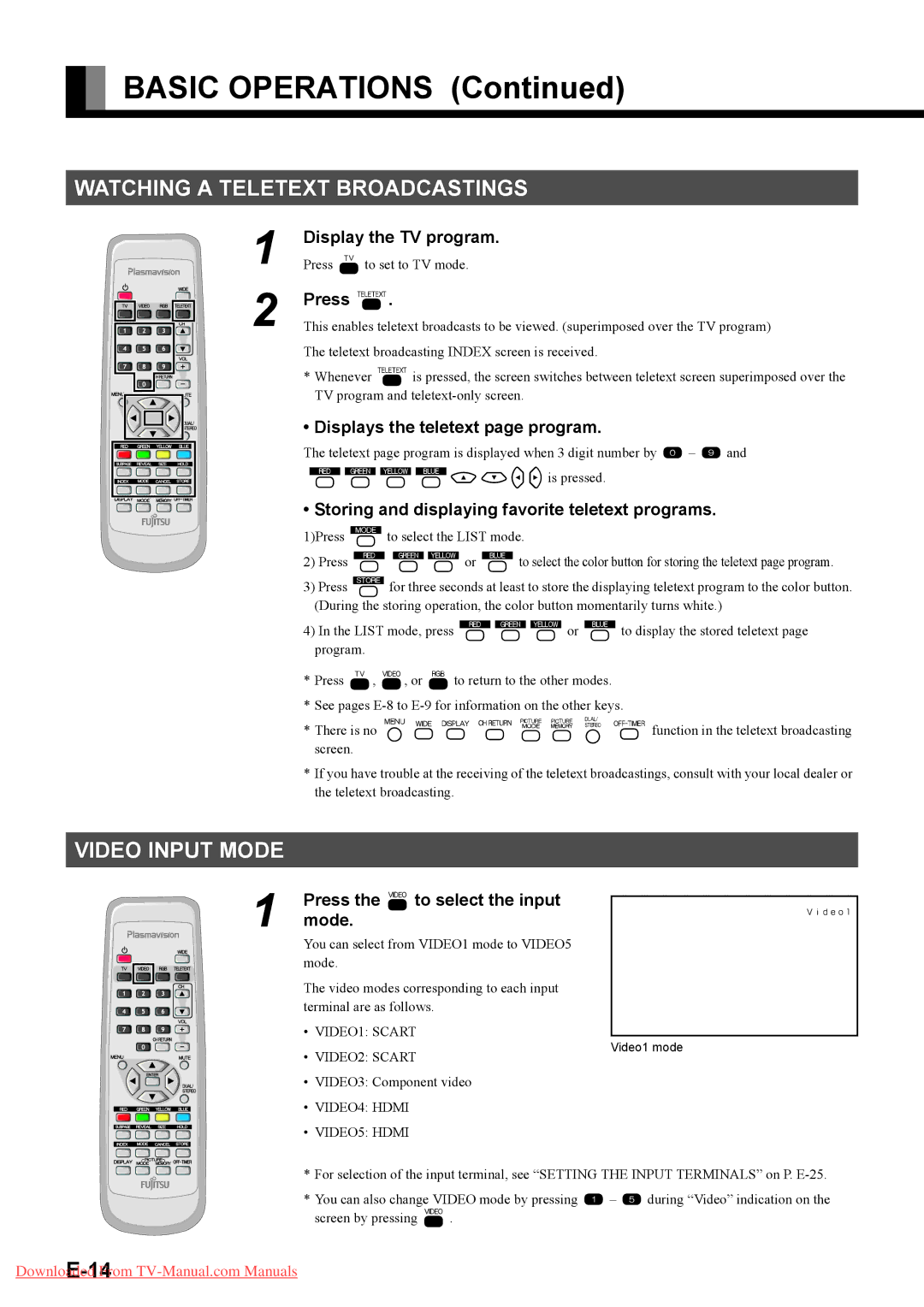 Fujitsu P42HTA51E SERIES, P50XTA51E SERIES user manual Watching a Teletext Broadcastings, Video Input Mode 