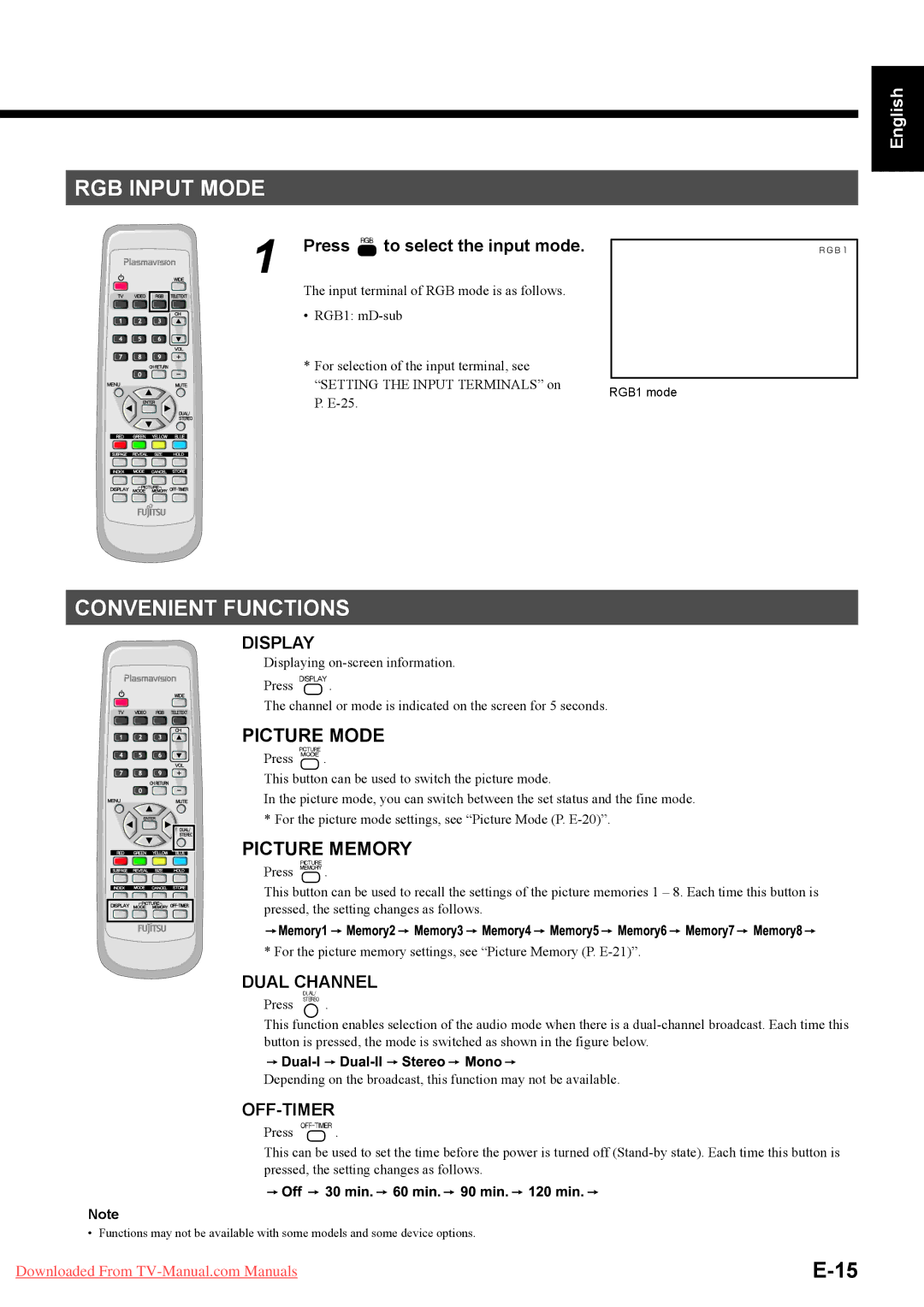 Fujitsu P50XTA51E SERIES, P42HTA51E SERIES user manual RGB Input Mode, Convenient Functions, Press to select the input mode 