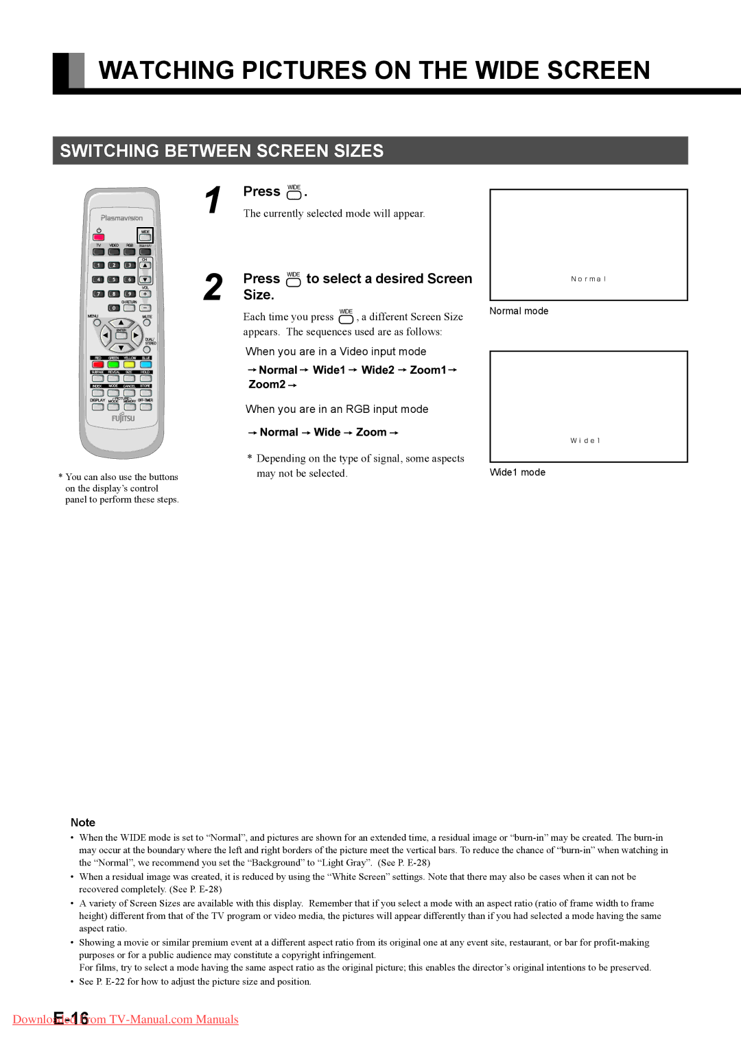 Fujitsu P42HTA51E SERIES, P50XTA51E SERIES Watching Pictures on the Wide Screen, Switching Between Screen Sizes, Press  