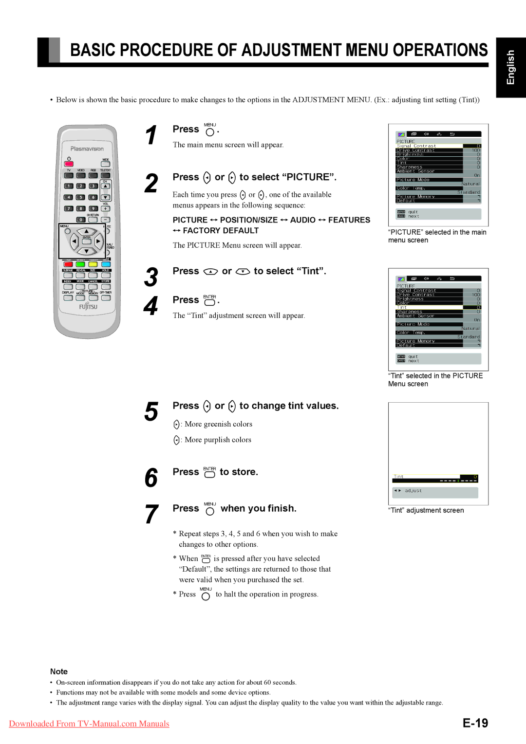 Fujitsu P50XTA51E SERIES Press Eor Fto select Picture, Press Cor Dto select Tint, Italiano Français Español Deutsch 