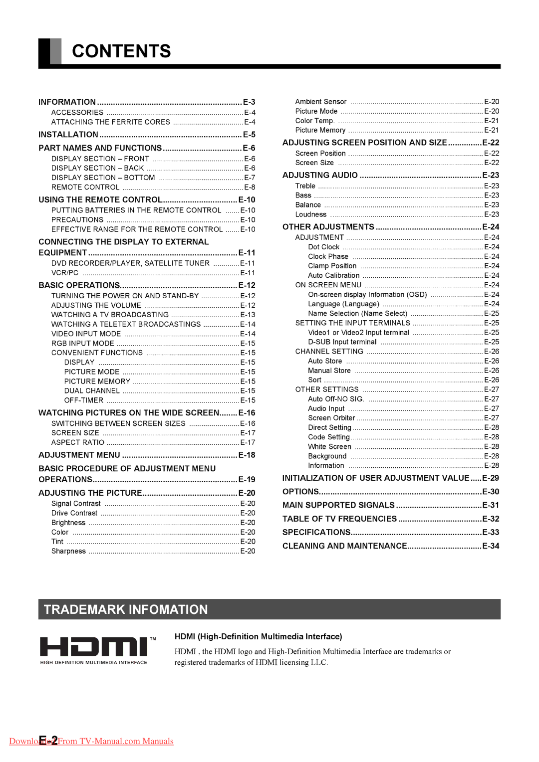 Fujitsu P42HTA51E SERIES, P50XTA51E SERIES user manual Contents 