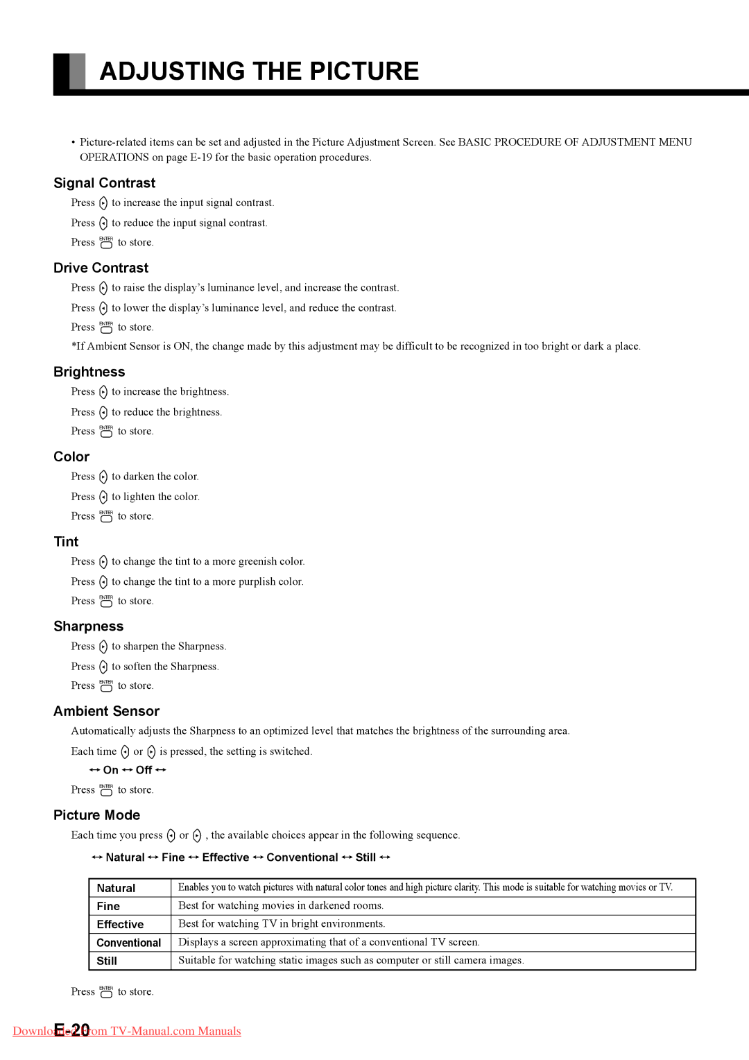 Fujitsu P42HTA51E SERIES, P50XTA51E SERIES user manual Adjusting the Picture 