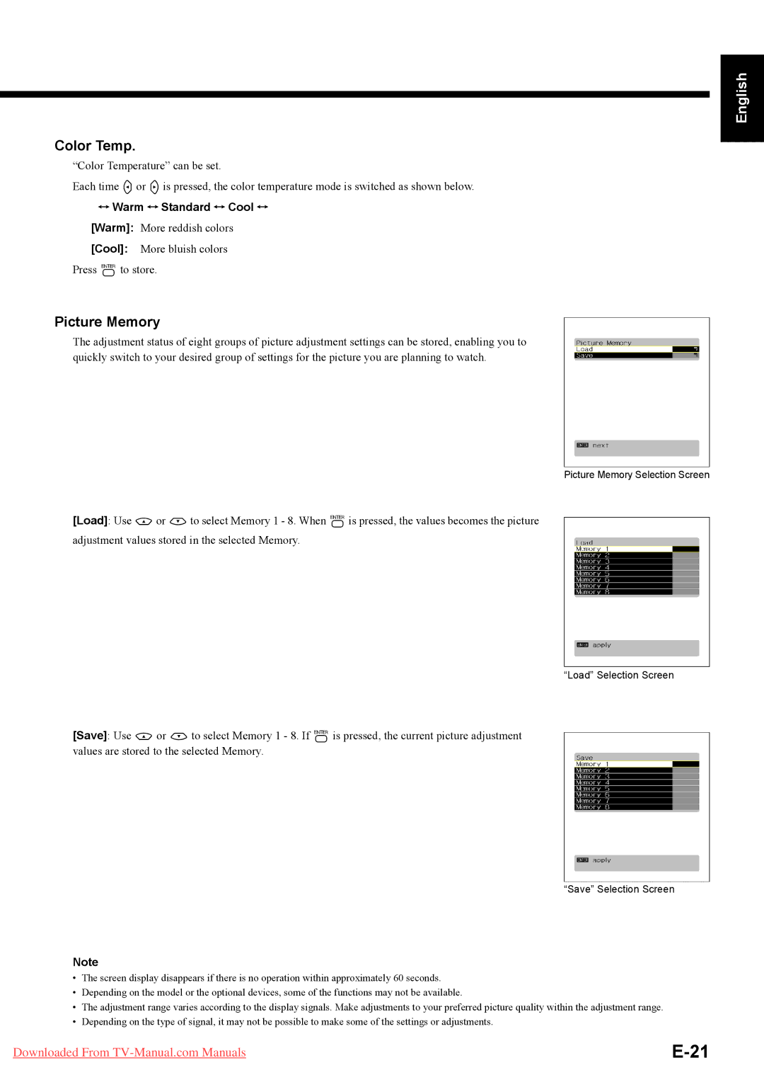 Fujitsu P50XTA51E SERIES user manual Color Temp, Picture Memory, Français Español Deutsch English, Warm Standard Cool 