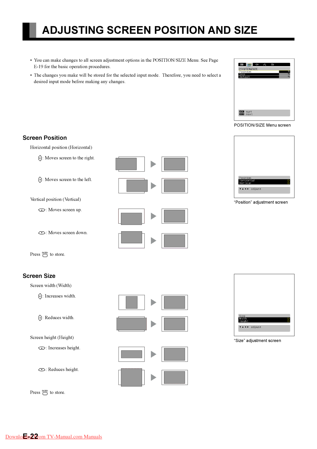 Fujitsu P42HTA51E SERIES, P50XTA51E SERIES user manual Adjusting Screen Position and Size, Screen Size 