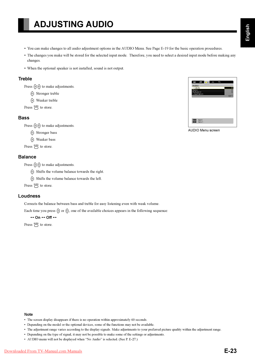 Fujitsu P50XTA51E SERIES, P42HTA51E SERIES user manual Adjusting Audio, Treble, Bass, Balance, Loudness 