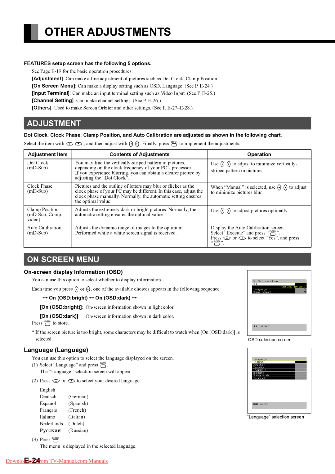 Fujitsu P42HTA51E SERIES, P50XTA51E SERIES user manual Other Adjustments, On Screen Menu, Language Language 