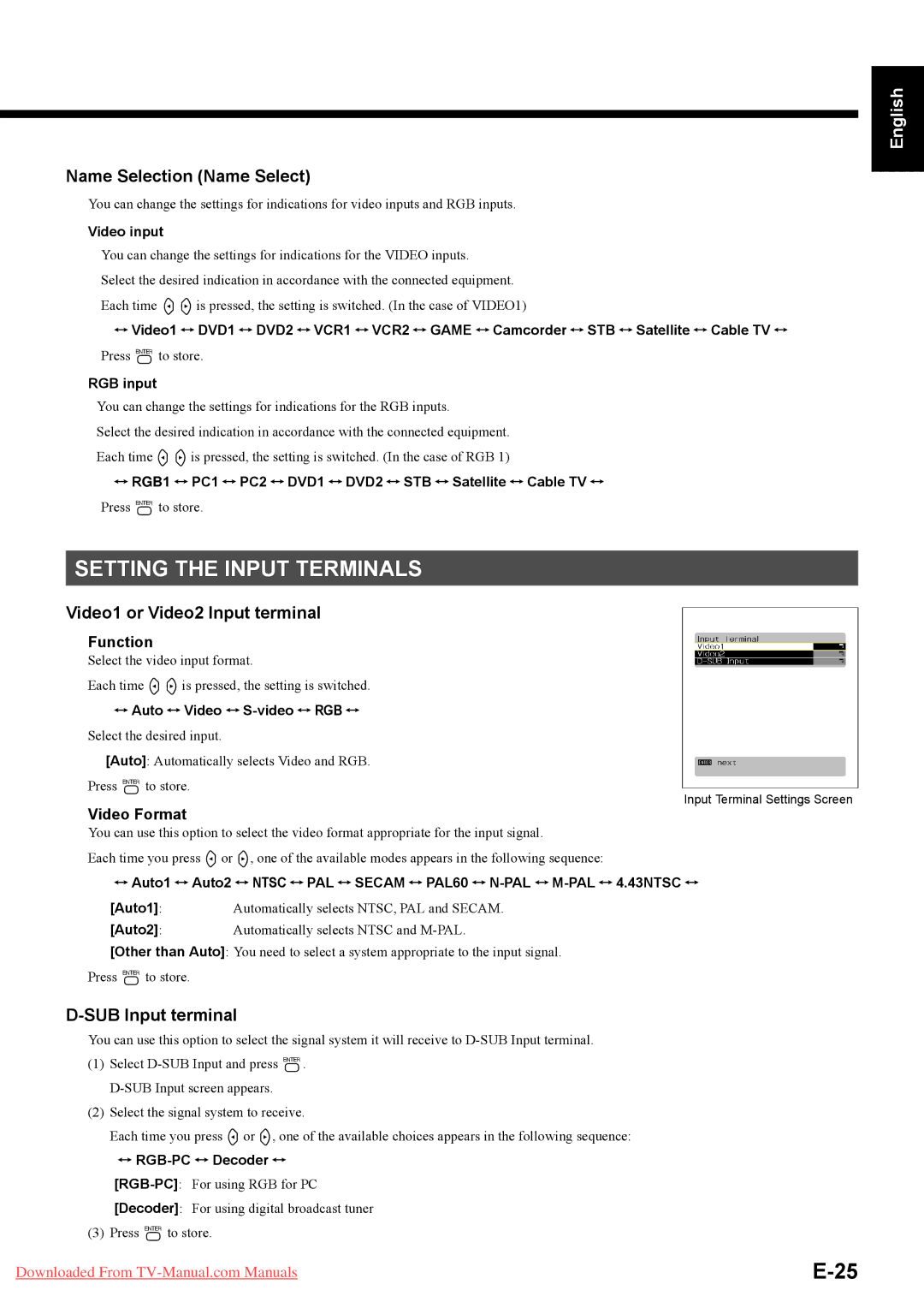 Fujitsu P50XTA51E SERIES Setting the Input Terminals, Name Selection Name Select, Video1 or Video2 Input terminal 