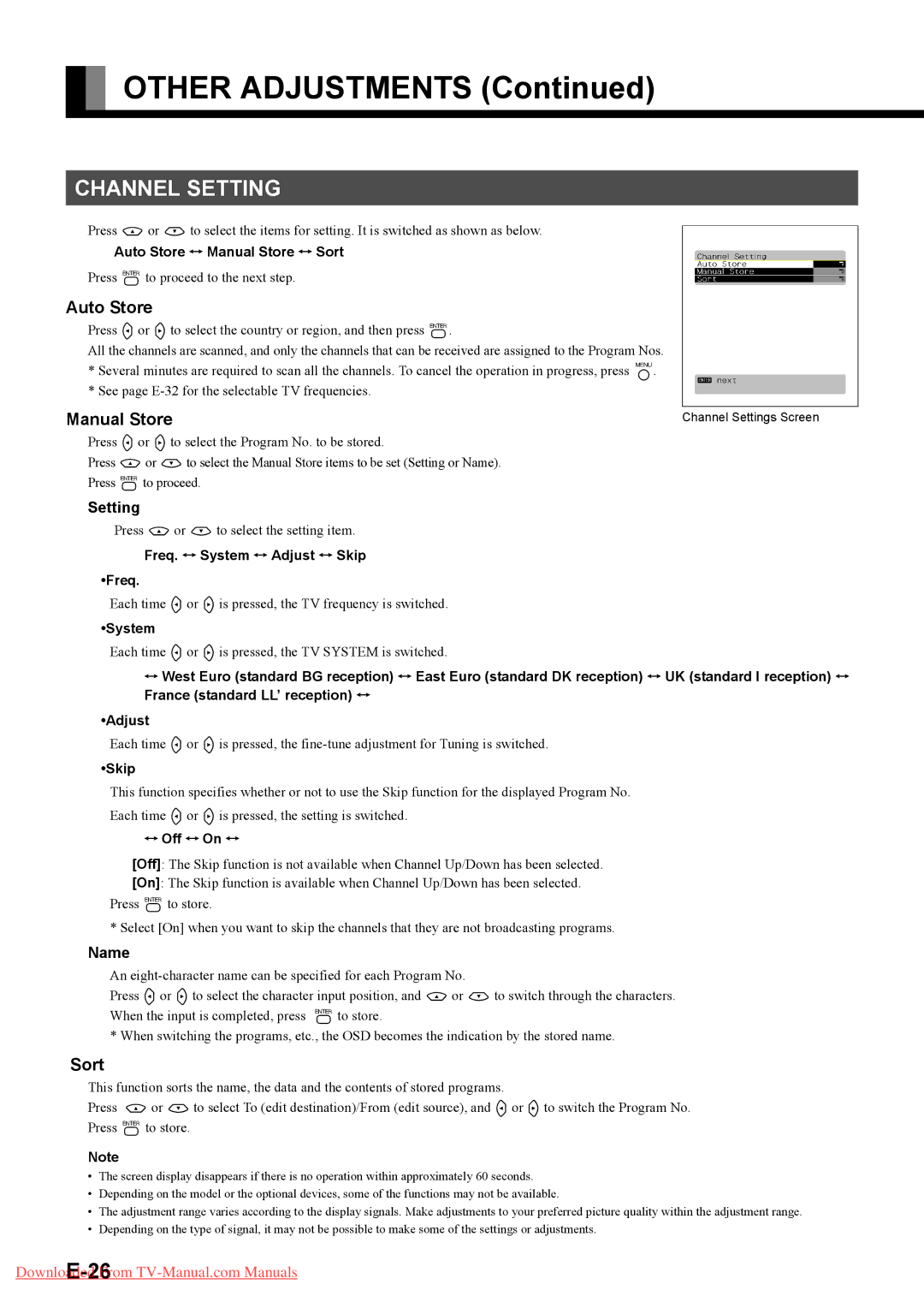 Fujitsu P42HTA51E SERIES, P50XTA51E SERIES user manual Channel Setting, Auto Store, Manual Store, Sort 