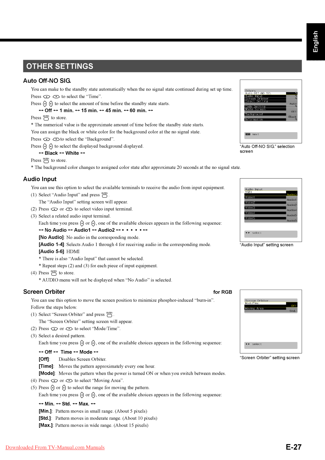 Fujitsu P50XTA51E SERIES, P42HTA51E SERIES Other Settings, Auto Off-NO SIG, Español Deutsch, Audio Input, Screen Orbiter 