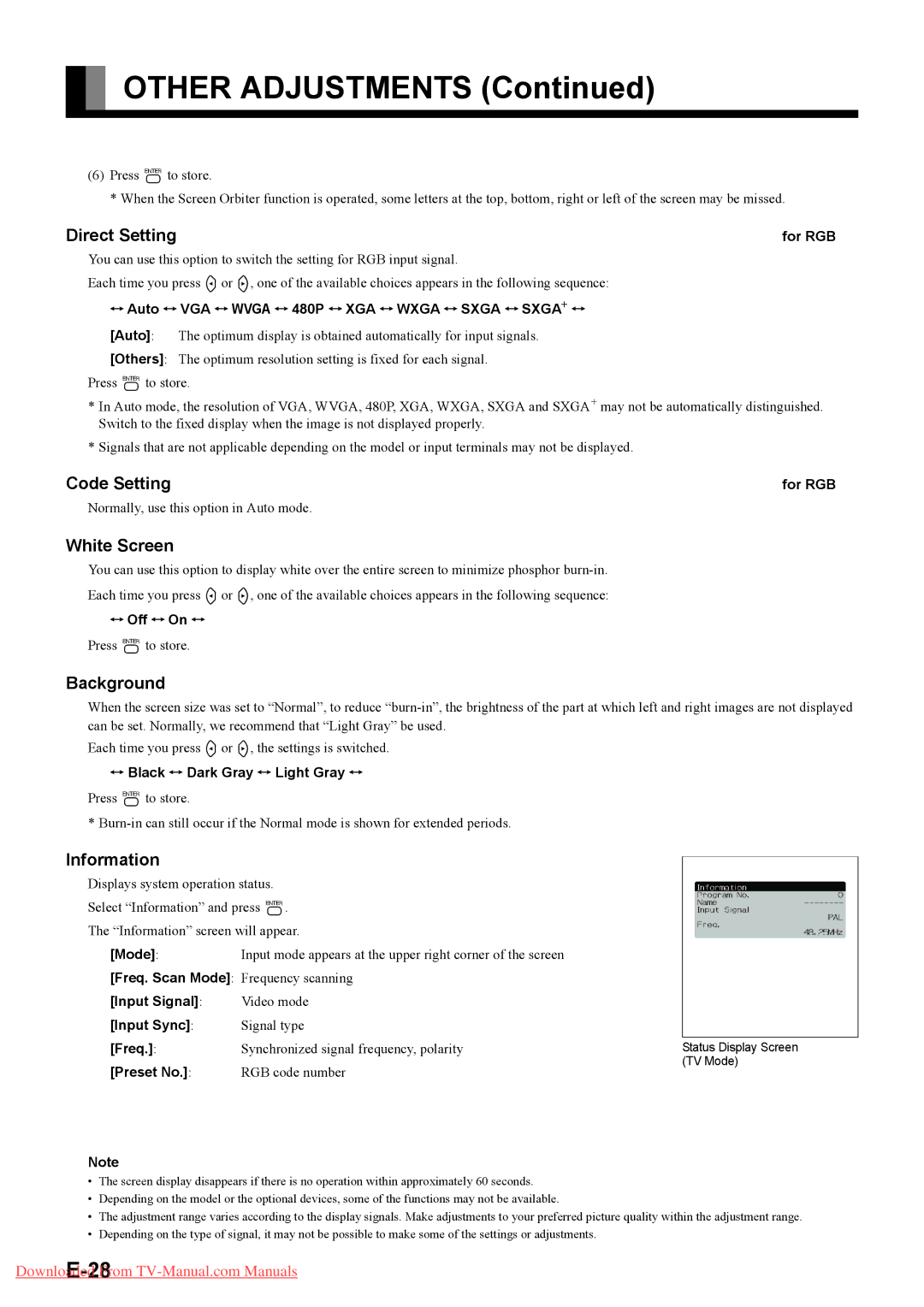 Fujitsu P42HTA51E SERIES, P50XTA51E SERIES user manual Direct Setting, Code Setting, White Screen, Background, Information 