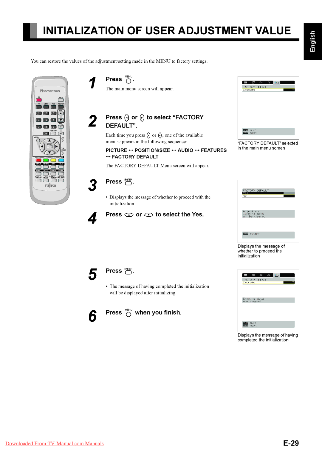 Fujitsu P50XTA51E SERIES, P42HTA51E SERIES user manual Initialization of User Adjustment Value, Press Eor Fto select Factory 