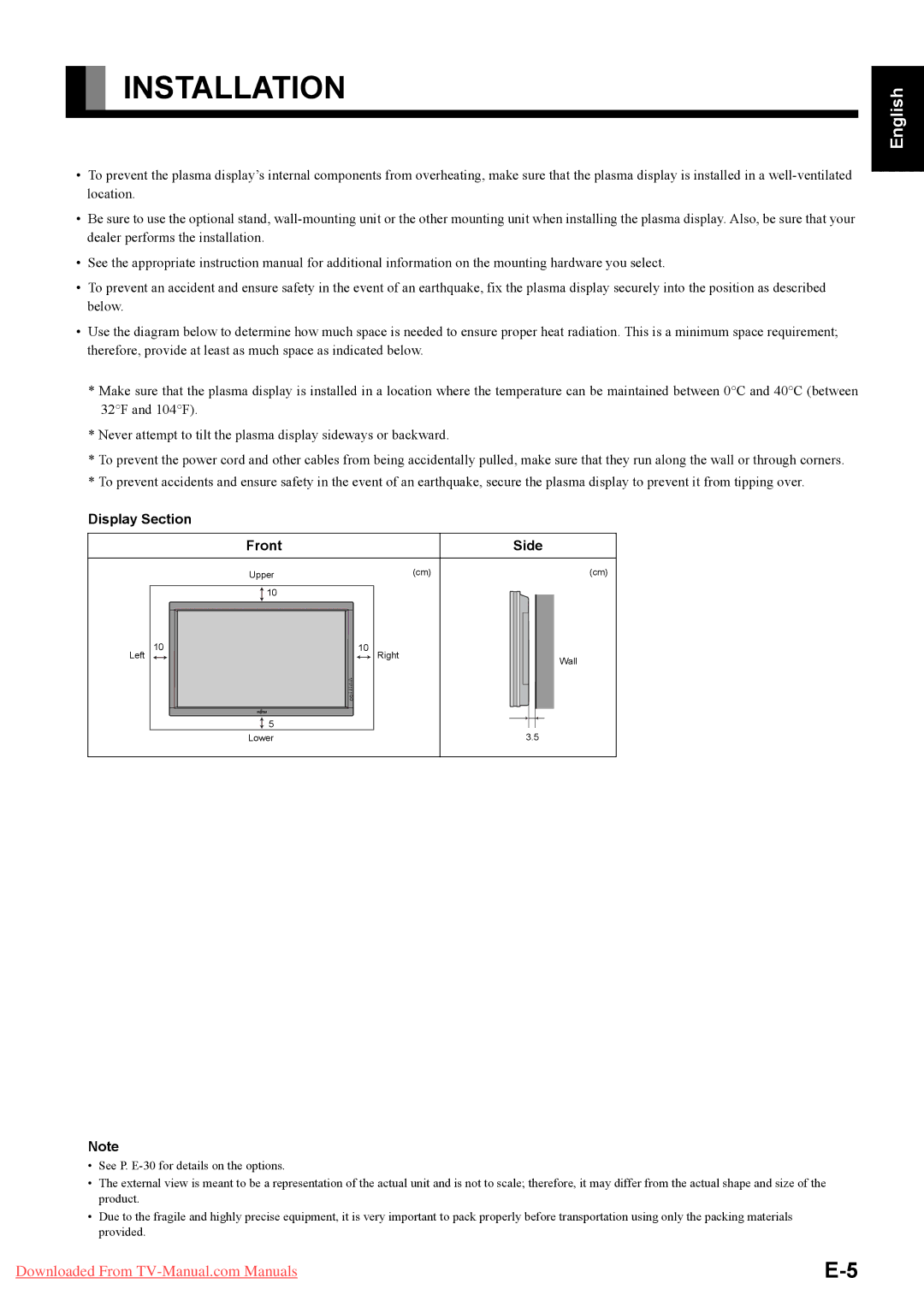 Fujitsu P50XTA51E SERIES, P42HTA51E SERIES user manual Installation, Display Section Front Side 