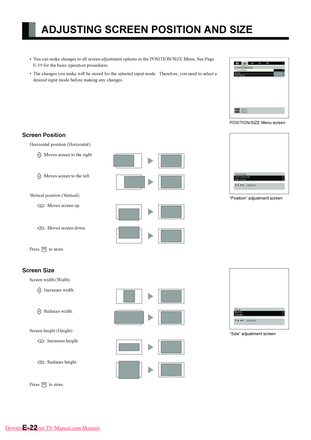 Fujitsu P42HTA51E SERIES, P50XTA51E SERIES user manual Adjusting Screen Position And Size, Screen Size 