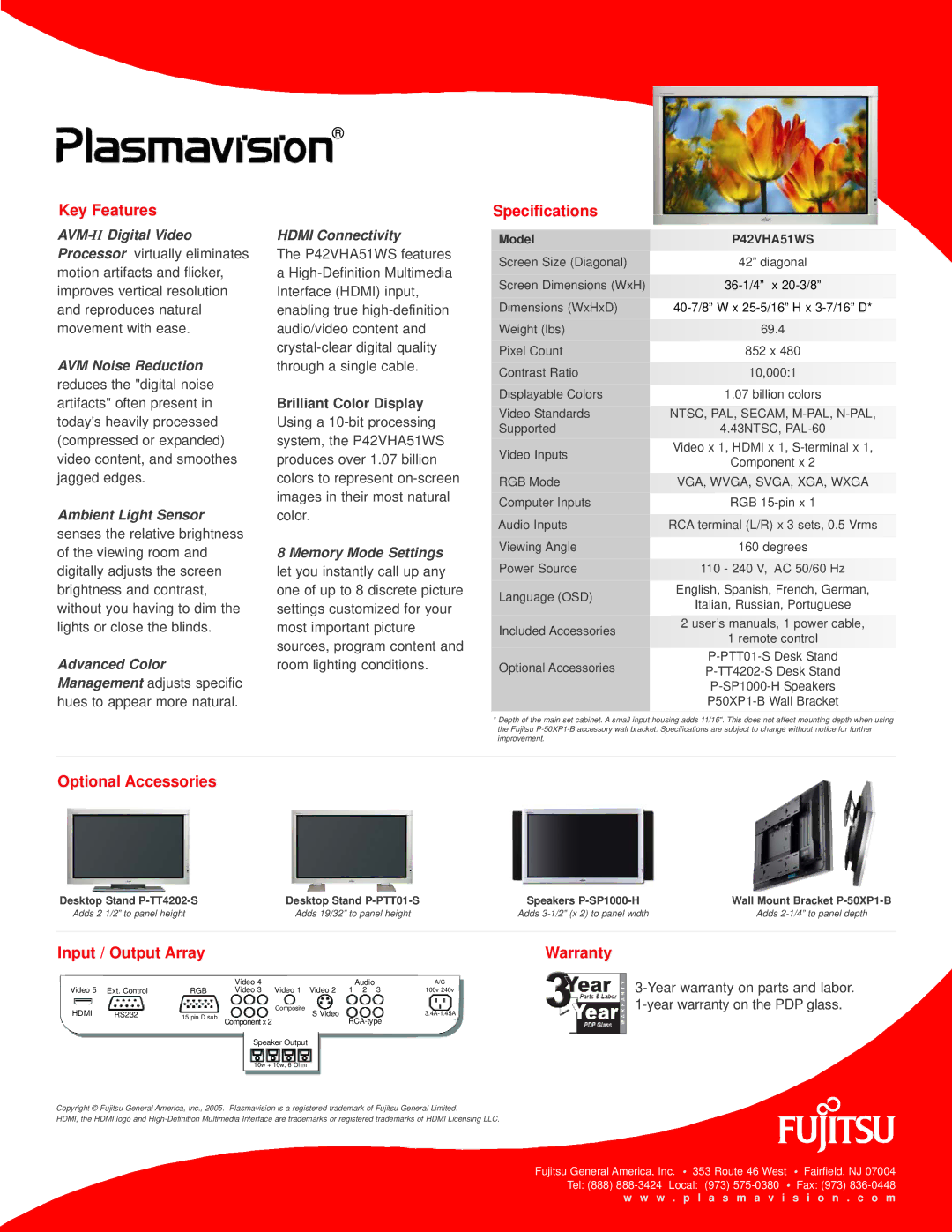 Fujitsu P42VHA51WS manual Key Features, Specifications, Optional Accessories, Input / Output Array 